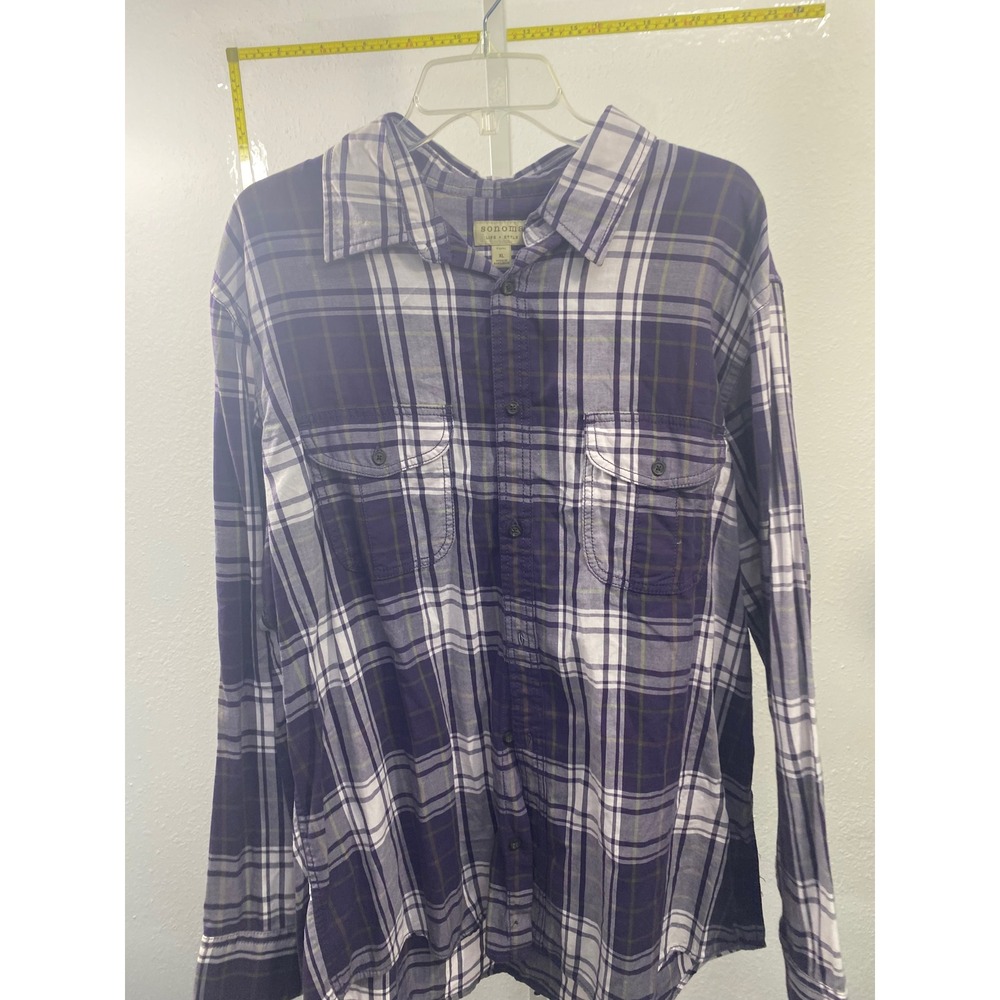 Sonoma Life Style Men XL Purple Plaid Twill Long Sleeve Button Down Shirt Pocket